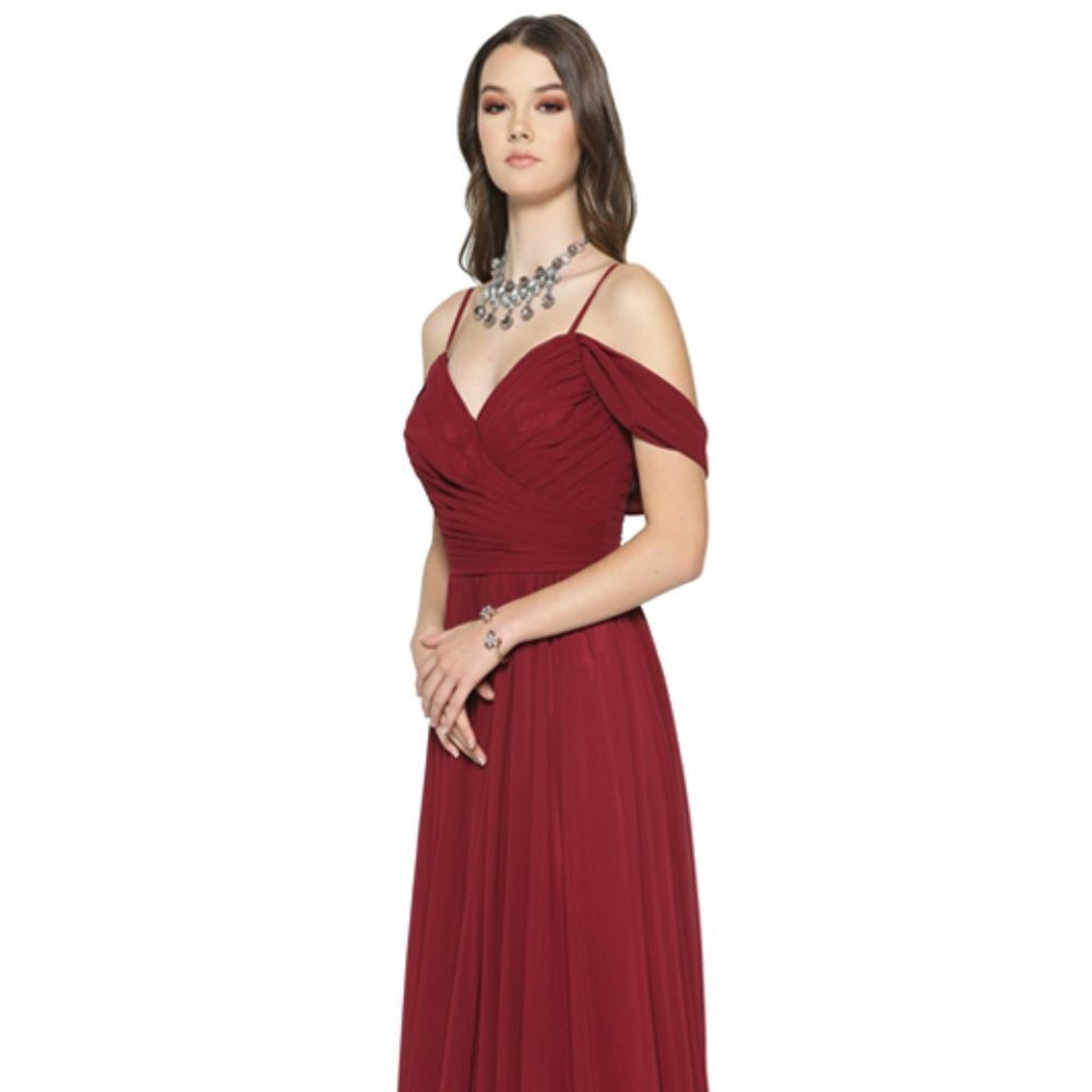 NEW LONG SLEEVELESS COLD-SHOULDER POLYESTER DRESS WITH PLEATED BODICE JT 676